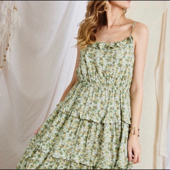 New! Clearance 🔥Sage Floral Tiered Ruffle Adjustable Spaghetti Strap Maxi Dress - Picture 6 of 7